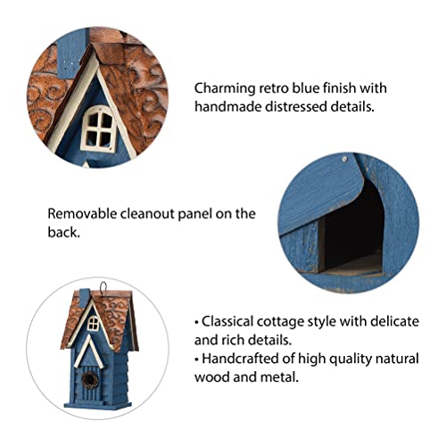 Retro Blue Distressed Solid Wood Cottage Hanging Birdhouse