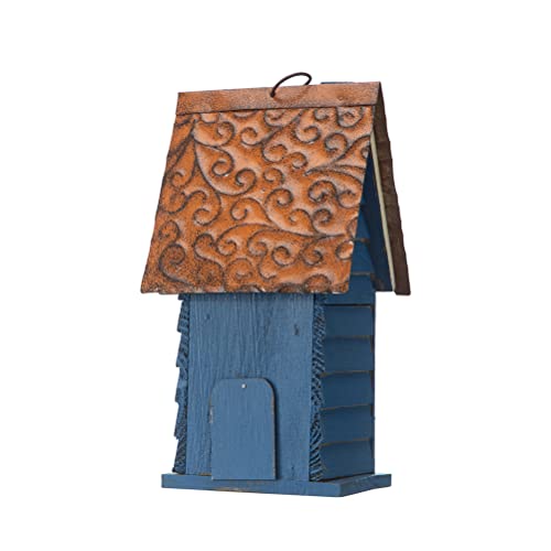 Retro Blue Distressed Solid Wood Cottage Hanging Birdhouse