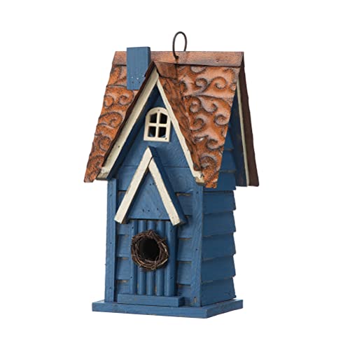 Retro Blue Distressed Solid Wood Cottage Hanging Birdhouse