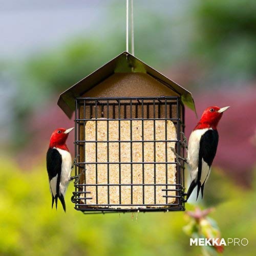 MEKKAPRO Hanging Suet Feeder with Metal Roof, Woodpecker Feeder