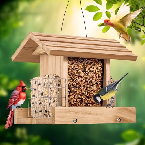 Outdoor Hanging Wooden Bird Feeder with Suet Cages