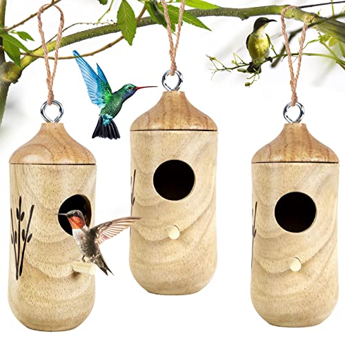 3 Wooden Hummingbird Houses with Hemp Ropes