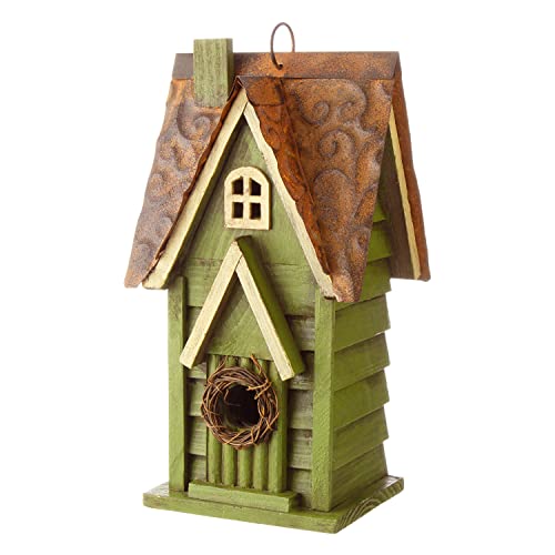 12" Green Hanging Distressed Wood Garden Bird House