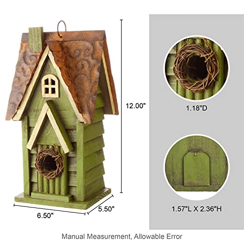 12" Green Hanging Distressed Wood Garden Bird House