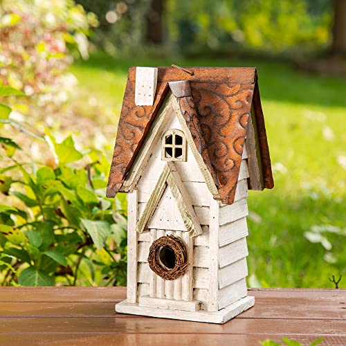 White Distressed Wooden Garden Cottage Birdhouse by Glitzhome GH90086