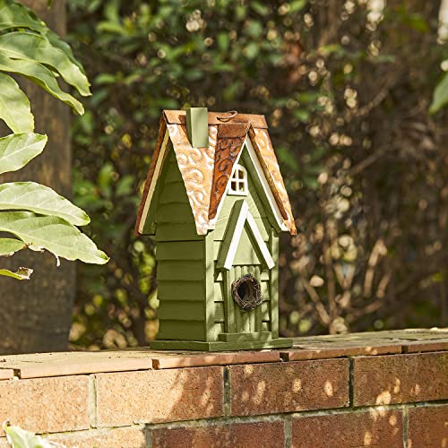 12" Green Hanging Distressed Wood Garden Bird House