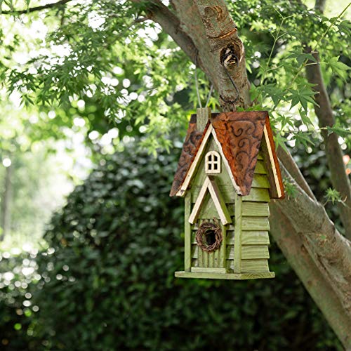 12" Green Hanging Distressed Wood Garden Bird House