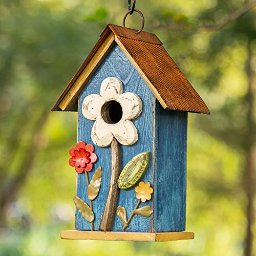 Distressed Blue Solid Wood Birdhouse, 10.25 Inch Tall