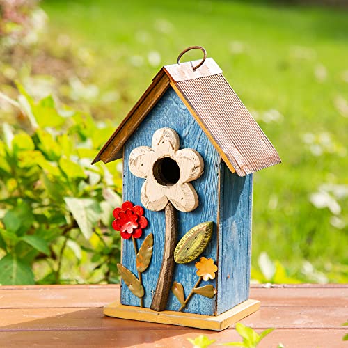 Distressed Blue Solid Wood Birdhouse, 10.25 Inch Tall