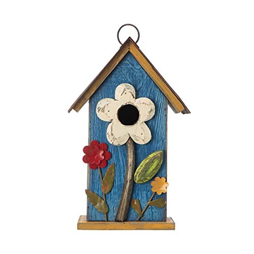 Distressed Blue Solid Wood Birdhouse, 10.25 Inch Tall