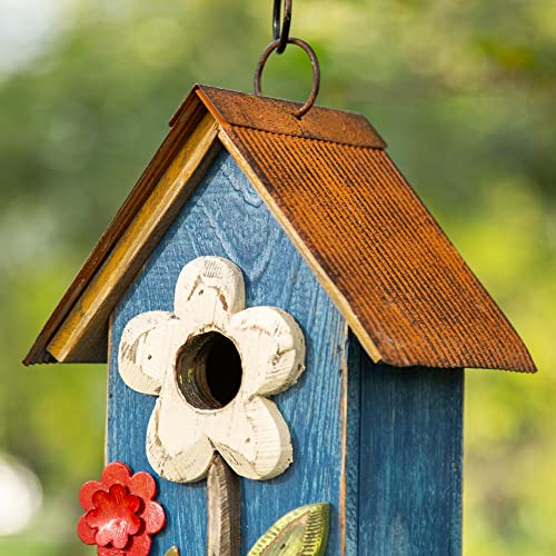 Distressed Blue Solid Wood Birdhouse, 10.25 Inch Tall