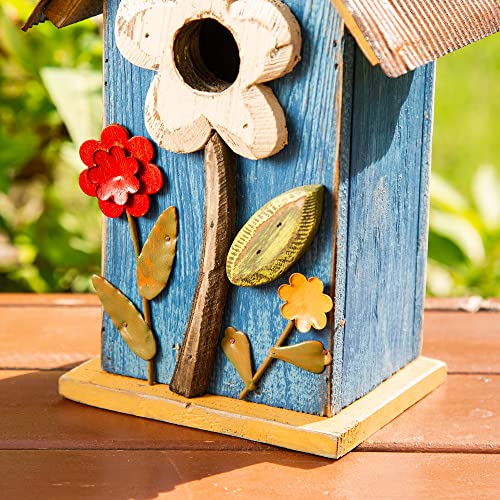 Distressed Blue Solid Wood Birdhouse, 10.25 Inch Tall