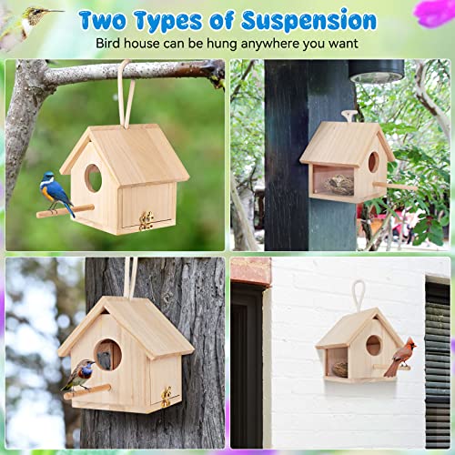 Wooden Bird House with Pole, Blue Birdhouse Decor