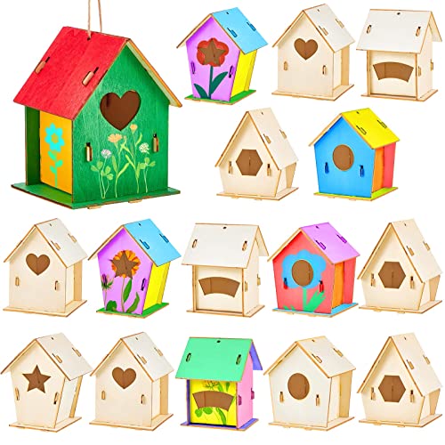 15 Pcs 4" Wooden Birdhouses for Kids Crafts