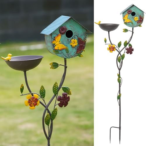 52" Metal Bird Bath Bowl with Pole and Birdhouses