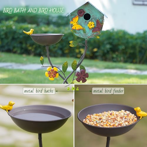 52" Metal Bird Bath Bowl with Pole and Birdhouses