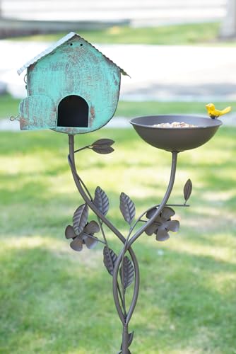 52" Metal Bird Bath Bowl with Pole and Birdhouses
