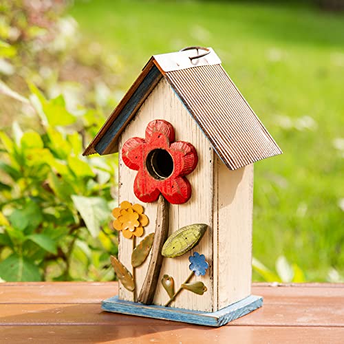 Washed White Distressed Hanging Birdhouse with 3D Flowers