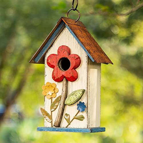 Washed White Distressed Hanging Birdhouse with 3D Flowers