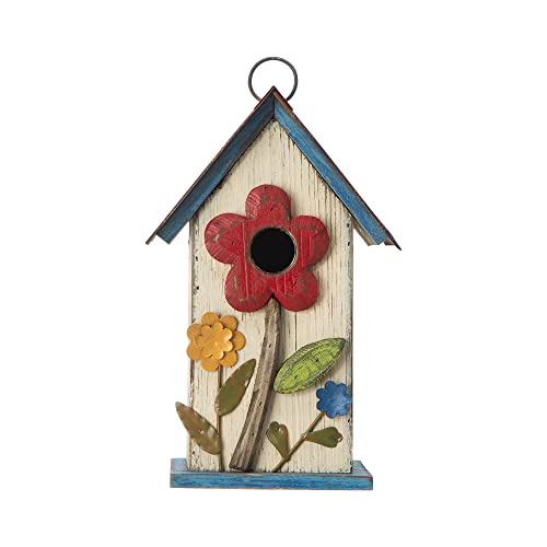 Washed White Distressed Hanging Birdhouse with 3D Flowers