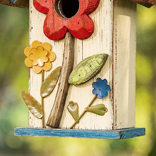 Washed White Distressed Hanging Birdhouse with 3D Flowers