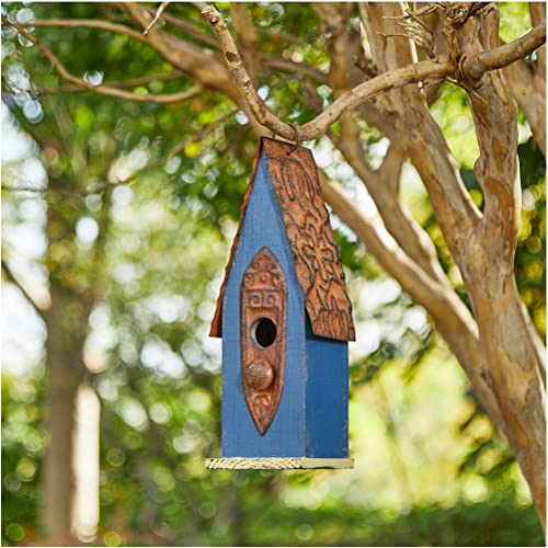 Retro Blue Distressed Solid Wood Birdhouse for Outdoors