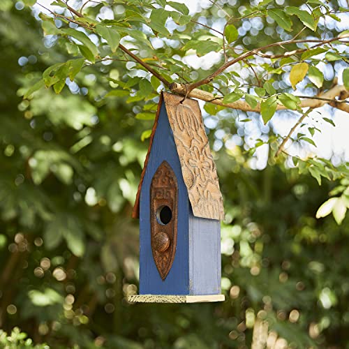Retro Blue Distressed Solid Wood Birdhouse for Outdoors