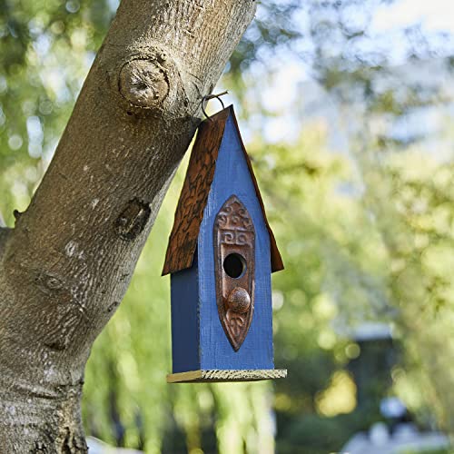 Retro Blue Distressed Solid Wood Birdhouse for Outdoors