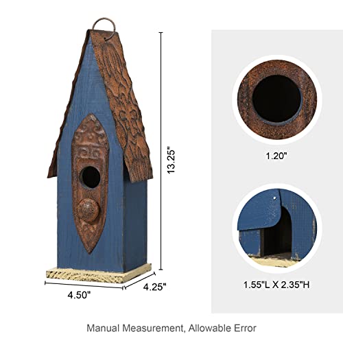 Retro Blue Distressed Solid Wood Birdhouse for Outdoors