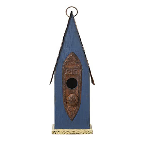 Retro Blue Distressed Solid Wood Birdhouse for Outdoors