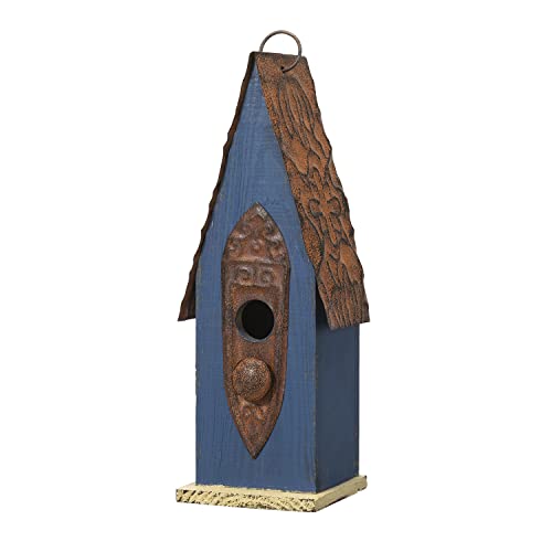 Retro Blue Distressed Solid Wood Birdhouse for Outdoors
