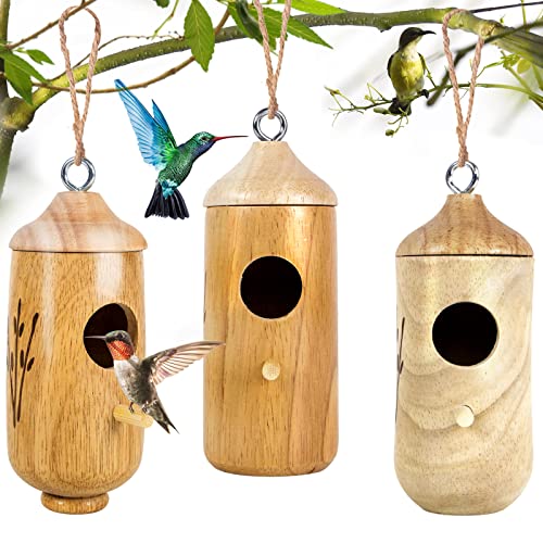 Set of 3 Hanging Wooden Hummingbird Houses for Gardens