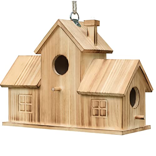 3 Hole Wooden Bird House for Garden Decor
