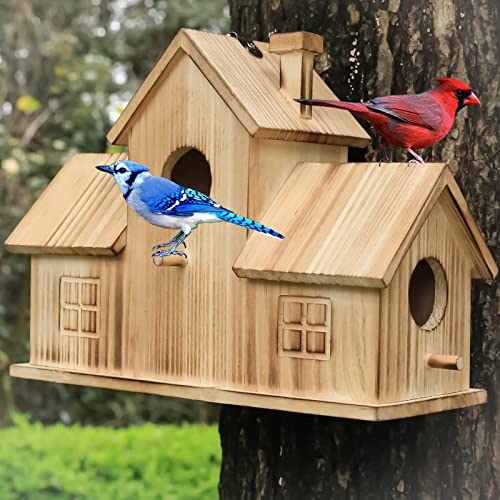 3 Hole Wooden Bird House for Garden Decor