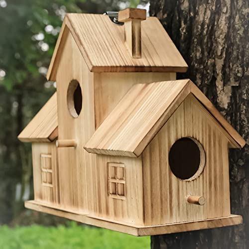 3 Hole Wooden Bird House for Garden Decor
