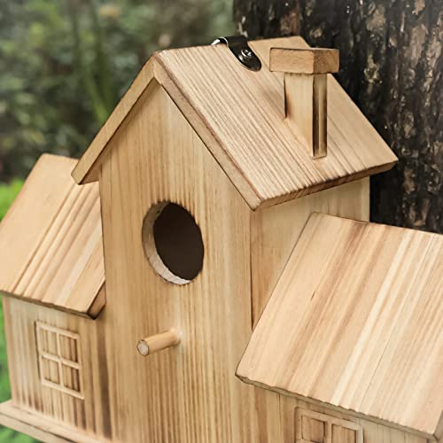 3 Hole Wooden Bird House for Garden Decor