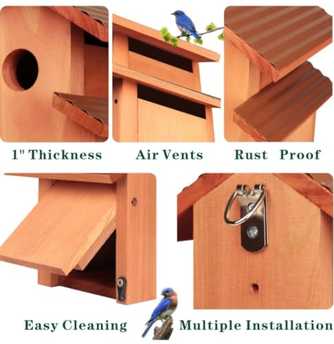 Rustic Bluebird Cedar Birdhouse with Metal Roof, Vintage Style