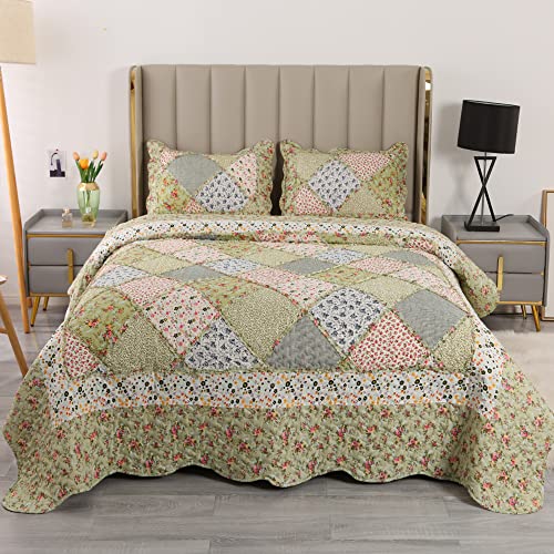 Green Patchwork Full Queen Size Quilted Bedding Set