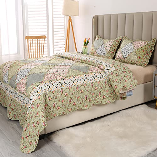 Green Patchwork Full Queen Size Quilted Bedding Set