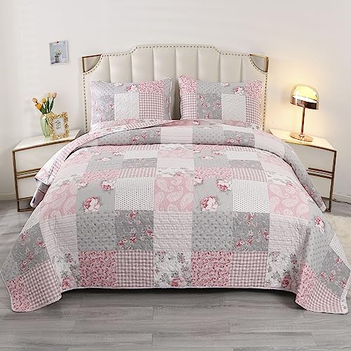 Pink Plaid Patchwork Quilt Set- Full/Queen Size, Reversible