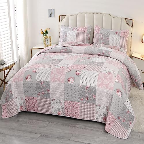 Pink Plaid Patchwork Quilt Set- Full/Queen Size, Reversible