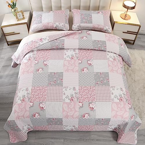 Pink Plaid Patchwork Quilt Set- Full/Queen Size, Reversible