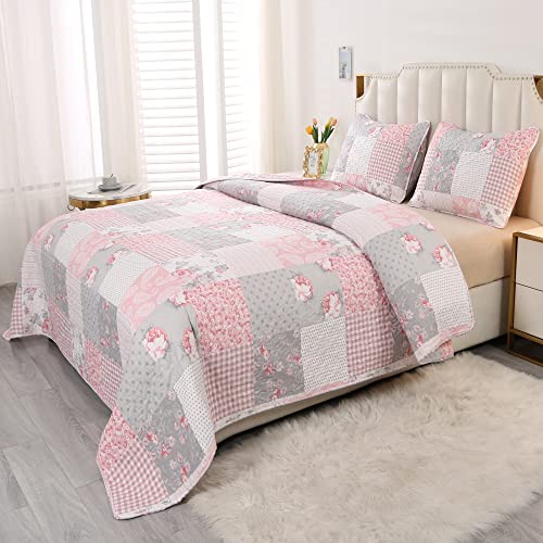 Pink Plaid Patchwork Quilt Set- Full/Queen Size, Reversible