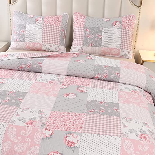 Pink Plaid Patchwork Quilt Set- Full/Queen Size, Reversible