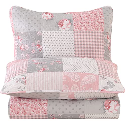 Pink Plaid Patchwork Quilt Set- Full/Queen Size, Reversible