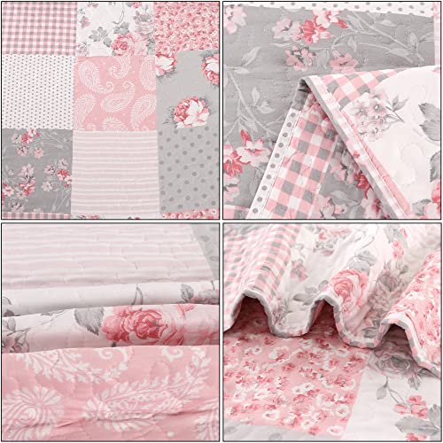 Pink Plaid Patchwork Quilt Set- Full/Queen Size, Reversible