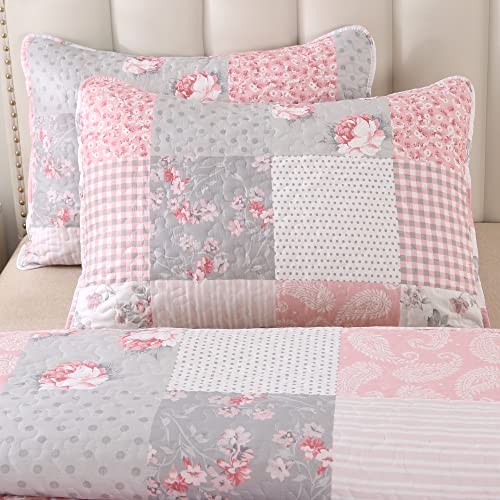 Pink Plaid Patchwork Quilt Set- Full/Queen Size, Reversible
