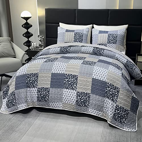 Grey Floral King Size Quilted Bedding Set, Lightweight