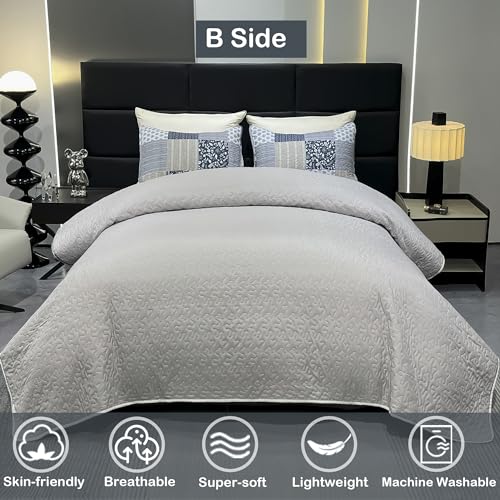 Grey Floral King Size Quilted Bedding Set, Lightweight