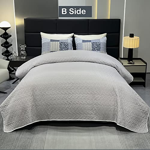 Grey Floral King Size Quilted Bedding Set, Lightweight